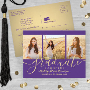 3 Foto-Collage-Script Lila und Gold Abschlussfeier Ankündigungspostkarte
