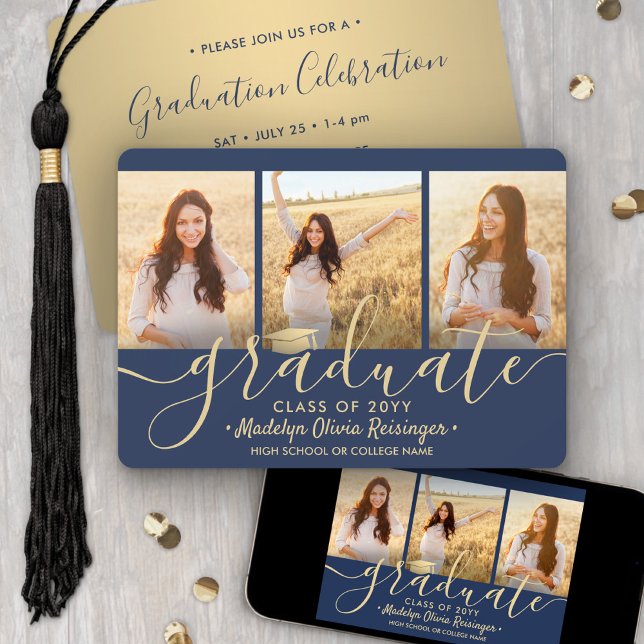 3 Foto Collage Script Navy Gold Graduation Party Einladung (Von Creator hochgeladen)