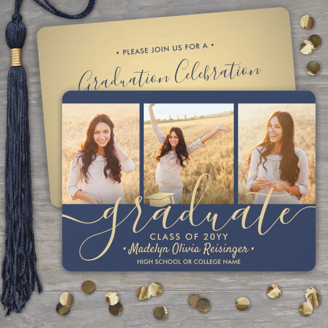 3 Foto Collage Script Navy Gold Graduation Party Einladung (Von Creator hochgeladen)