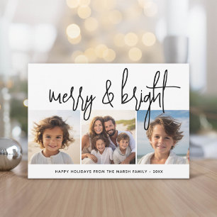 3 Foto-Collage-Script Schwarz Weiß Merry Bright Feiertagskarte