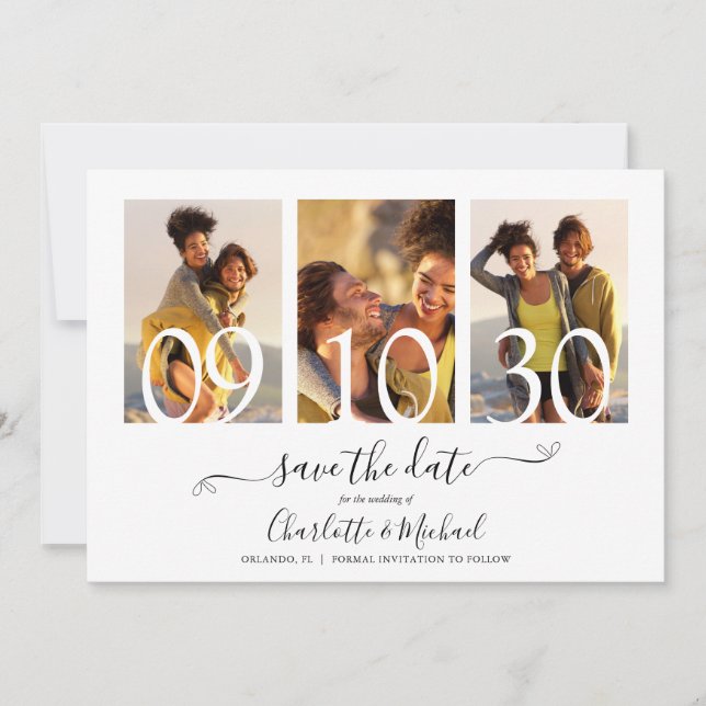 3 Foto Collage Signature Script Hochzeit Save The Date (Vorderseite)