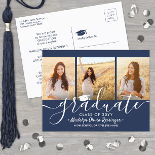 3 Foto Collage Simple Navy Blue White Abschluss Ankündigungspostkarte