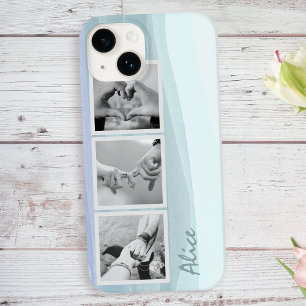 3 Foto Collage und Name Trendy Aqua Blue Case-Mate iPhone 14 Hülle