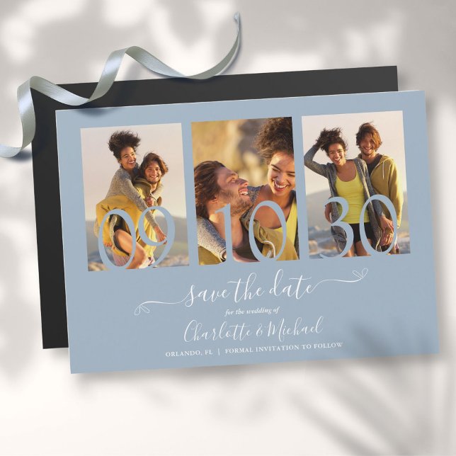 3 Foto Collage Wedding Save the Date Dusty Blue Magneteinladung (3 Photo Collage Wedding Save The Date Dusty Blue Magnetic Invitation)