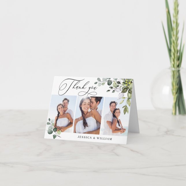 3 FOTO Elegant Eukalyptus Greenerity Wedding Dankeskarte (Vorderseite)