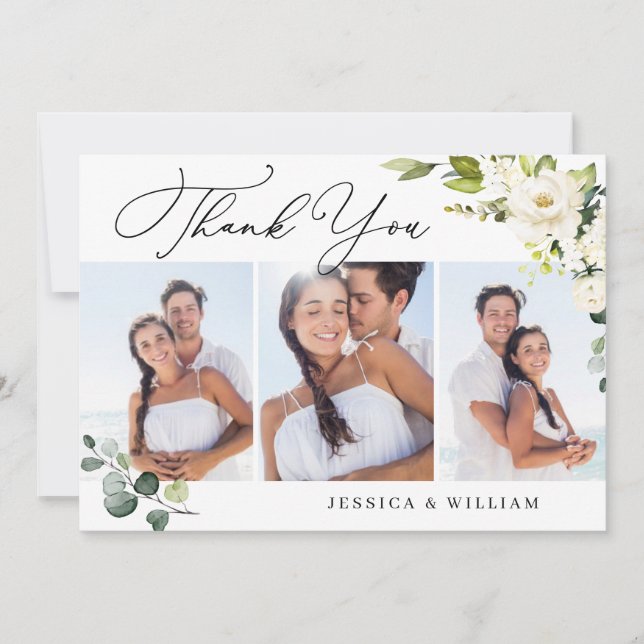 3 FOTO Elegante Eukalyptus Weiße Rosen Dankeskarte (Vorderseite)