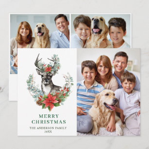 3 FOTO Elegantes Weihnachts Reh Poinsettia Gruß Feiertagskarte
