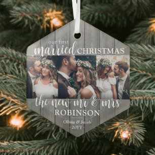 3 Foto Erste verheiratete Weihnachten Grau Faux Ho Ornament Aus Glas
