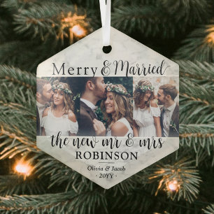 3 Foto Frischvermählte Merry & Married Faux-Marmor Ornament Aus Glas