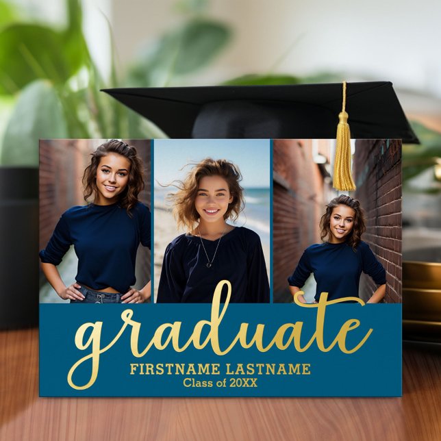 3 Foto Graduation Party Modernes Script Gold Folieneinladung (Graduation announcement and invitation with multiple photos)