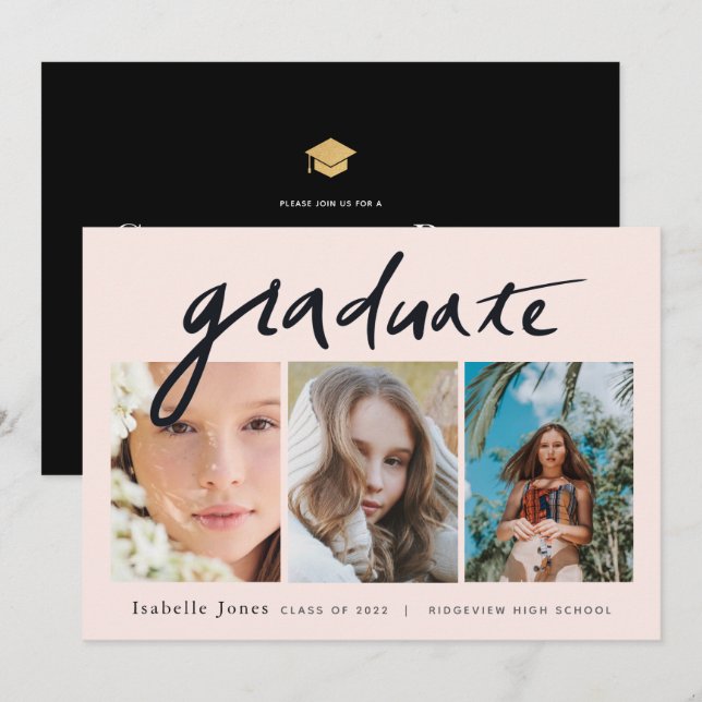 3 Foto Handgeschriebenes Skript Rosa Abschluss Einladung (Vorne/Hinten)