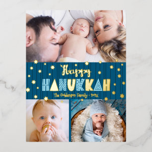 3 Foto Happy Hanukkah Modern Aquamarin Blue Real G Folien Feiertagspostkarte