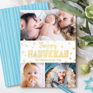 3 Foto Happy Hanukkah Whimsical Modern Real Gold Folien Feiertagskarte