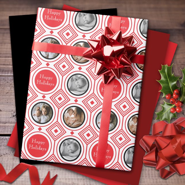 3 Foto Happy Holidays Rotes Weiß Art Deco Geschenkpapier (Von Creator hochgeladen)