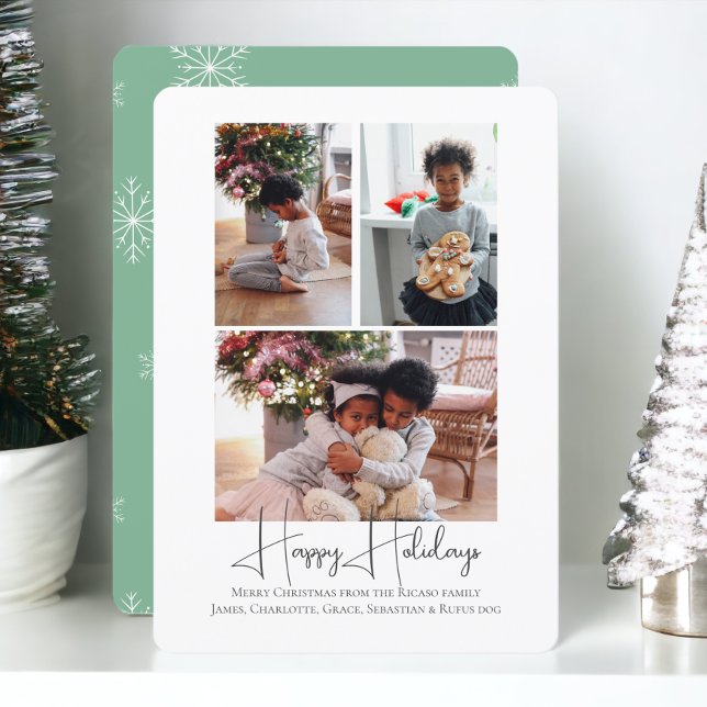 3 Foto Happy Holidays Weihnachten (3 Photo Happy Holidays Christmas Holiday Cards from Ricaso. Snowflake green and white pattern )