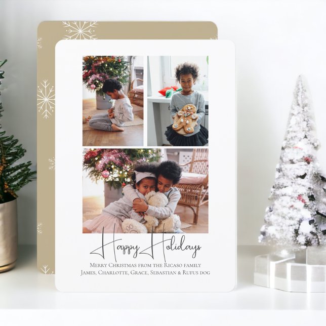 3 Foto Happy Holidays Weihnachten (3 Photo Happy Holidays Christmas Holiday Cards from Ricaso. Snowflake beige and white pattern )