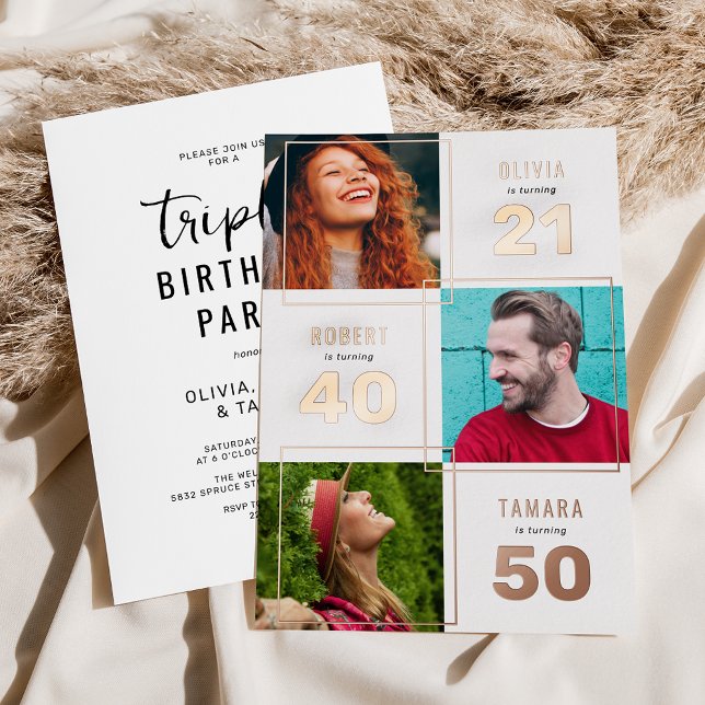 3 Foto Joint Birthday Party White Rose Gold Folieneinladung (Von Creator hochgeladen)