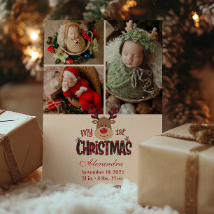 3 Foto Kariert Rentier Baby First Christmas Feiertagskarte