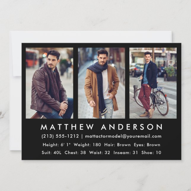 3 Foto Model Actor Comp Card Black Einladung (Vorderseite)