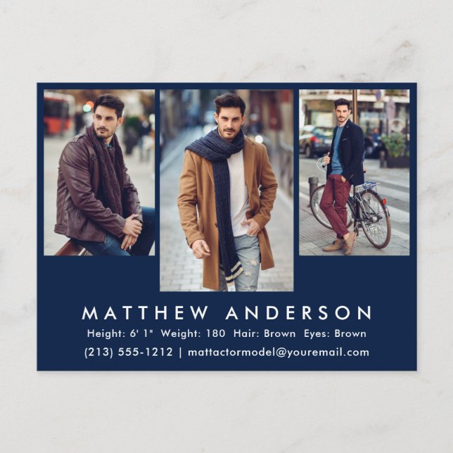 3 Foto Model Actor Foto Comp Card Postcard Blau Postkarte (Vorderseite)