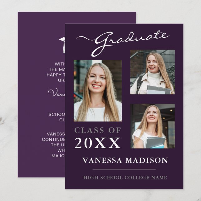 3 Foto Moderne Elegante Lila Abschluss Ankündigung (Vorne/Hinten)
