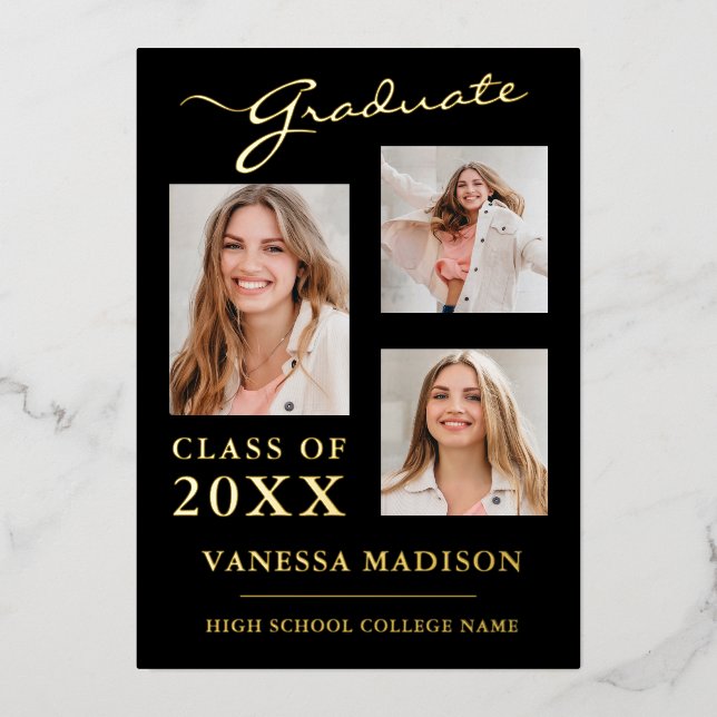 3 Foto Moderne Script Black Gold Grad Ankündigung (Vorderseite)