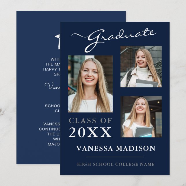3 Foto Moderner Navy Blue Abschluss Ankündigung (Vorne/Hinten)