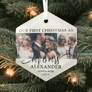 3 Foto Mr. & Mrs. 1. Christmas Schwarz-weiß Hexago Ornament Aus Glas