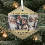 3 Foto Mr. & Mrs. 1. Weihnachtsgebäck Imitate Gold Ornament Aus Glas<br><div class="desc">Feiern Sie einen fröhlichen 1. Urlaub als verheiratetes Paar mit einer maßgeschneiderten 3-Foto-Collage "Unser erstes Weihnachtsfest als Mr. & Mrs." schmuck- und goldhexagonförmige Glasschmuck. Alle Texte und Bilder auf dieser Vorlage sind einfach zu personalisieren. (IMAGE PLACEMENT TIP: Eine einfache Möglichkeit, ein Foto genau so zu zentrieren, wie Sie es gewollt...</div>