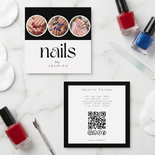 3 Foto-Nägel QR-Code Soziale Medien Schwarz-Weiß Quadratische Visitenkarte