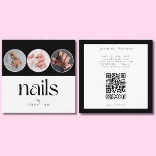 3 Foto-Nägel QR-Code Soziale Medien Schwarz-Weiß Quadratische Visitenkarte