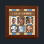 3 Foto niedliche Tiere heißen blauen Sake Erinnerungskiste<br><div class="desc">Halten Sie die Geschenkboxen für Kinder. Ersetzen Sie die 3 Fotos durch Ihre eigene und fügen Sie einen Namen hinzu. Braun,  blau und creme,  Streifen und niedliche Tiere.</div>