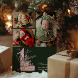 3 Foto Pink Green Baby First Christmas Feiertagskarte