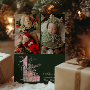 3 Foto Pink Green Baby First Christmas Feiertagskarte