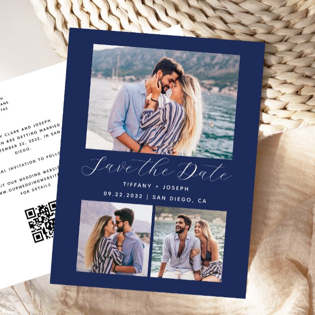 3 Foto QR Code Navy Blau Save the Date Postkarte (Von Creator hochgeladen)