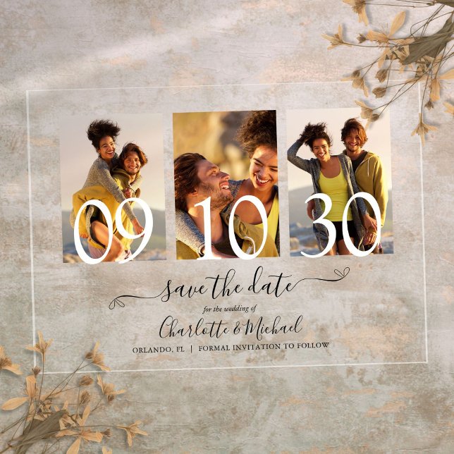 3 Foto Signature Script Hochzeit speichern das Dat Acryleinladungen (3 Photo Signature Script Wedding Save The Date Acrylic Invitations)