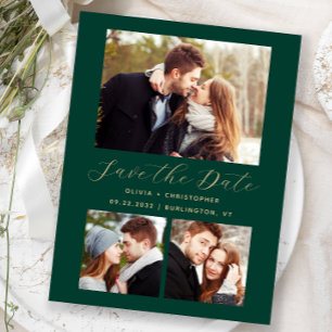 3-Foto Smaragdgrün Gold Save-the-Date-Karte Postkarte