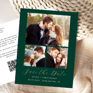 3-Foto Smaragdgrünes Gold QR-Code Save-the-Date-Ka Postkarte