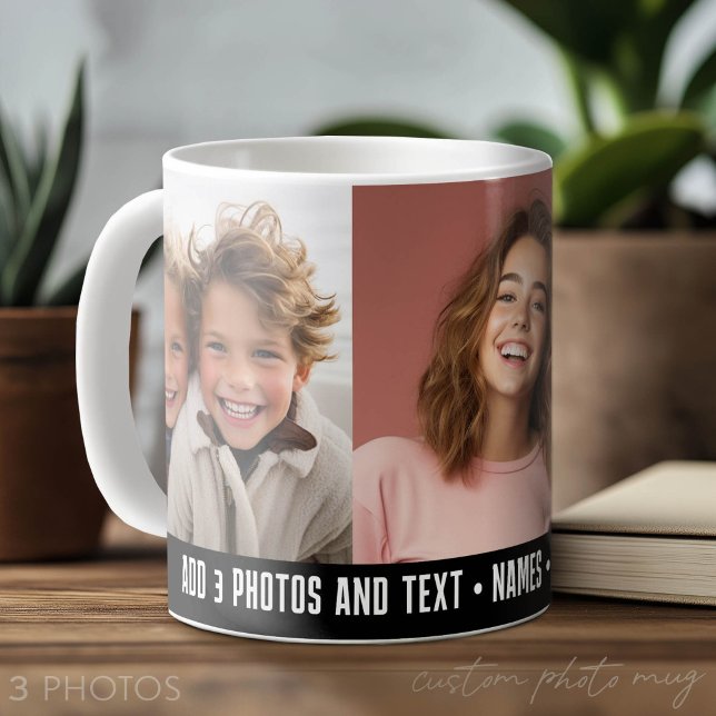 3 Foto-Vorlage Modernes Minimal-Textdesign  Kaffeetasse (Custom Photo Mug with 3 Photos)