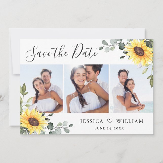 3 Foto Watercolor Sonnenblumen Eukalyptus Wedding Save The Date (Vorderseite)