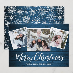 3 FOTO Weihnachten Rustikal Blaue Holz-Grußkarte