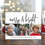 3 Foto Weihnachtscollage - Merry & Bright - Feiertagspostkarte<br><div class="desc">FRONT DESIGN: 3 quadratische Fotos und ein großer Script-Schriftart sind die Highlights dieses trendigen Designs. Moderne Optik für eine Urlaubskarte mit einer großen "fröhlichen und hellen" in einem funky, handgeschriebenen Script-Schriftart in Schwarz und Weiß. Für fortgeschrittene Benutzer können Sie zum Designbereich gehen und die Farben ändern. Der Hintergrund ist weiß....</div>