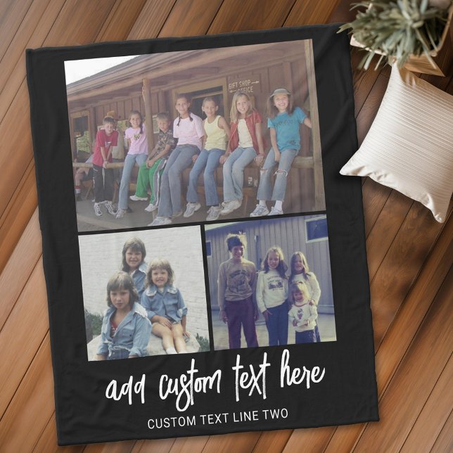 3 FotoCollage mit Skripttext - Schwarz-weiß Fleecedecke (Personalized fleece blanket with 6 photos and text)