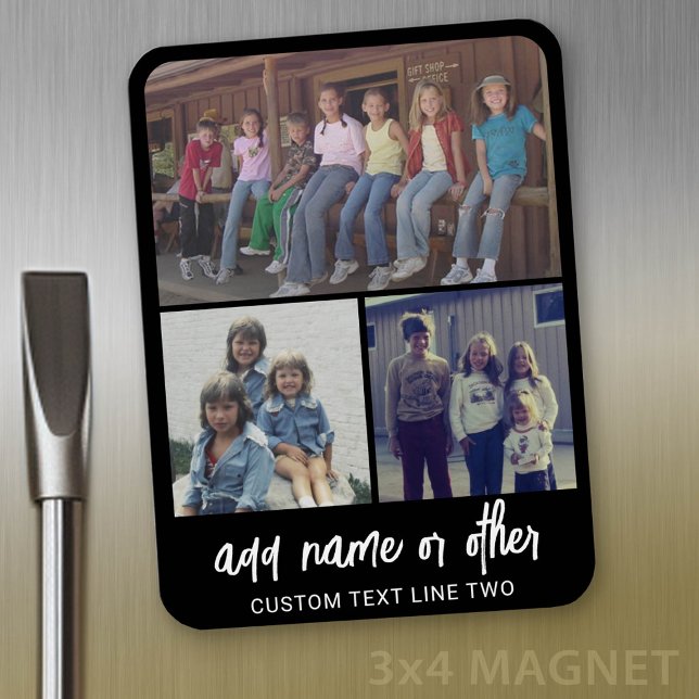 3 FotoCollage mit Skripttext - Schwarz-weiß Magnet (Personalized refrigerator magnet with photo collage and custom text - add 3 photos to this design)