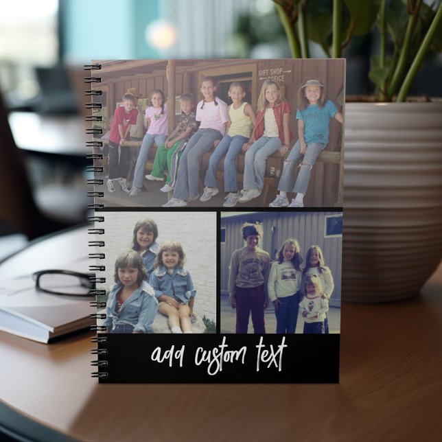3 FotoCollage mit Skripttext - Schwarz-weiß Notizblock (Personalized notebook - add photos and custom text)