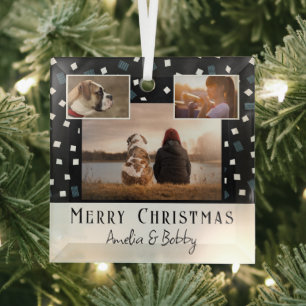 3 FotoCollage Moderne Schwarz-weiße Weihnachten Ornament Aus Glas