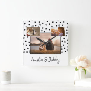 3 FotoCollage Moderne Schwarz-weiße Weihnachten Quadratische Wanduhr