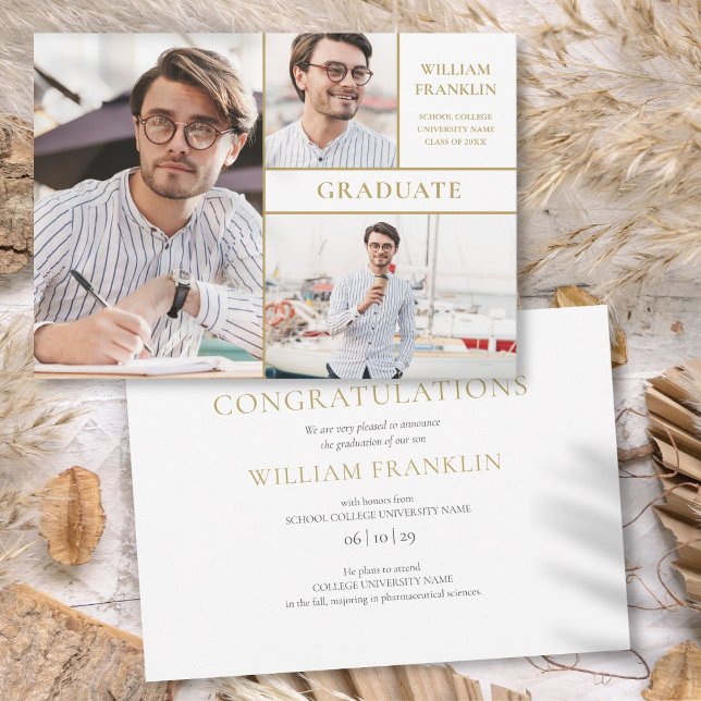 3 FotoCollage Moderner Gold-Abschluss Ankündigung (3 Photo Collage Modern Gold Graduation Announcement)