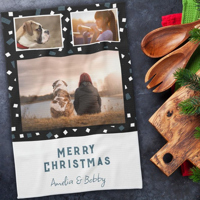 3 FotoCollage Modernes Schwarz-weißes Blaues Weihn Geschirrtuch (Von Creator hochgeladen)