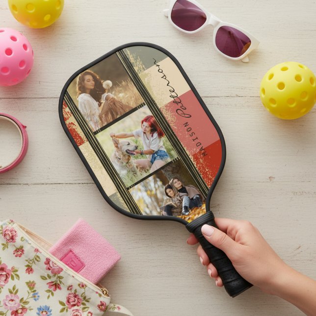 3 FotoCollage Rustikaler Abstrakter Personalisiert Pickleball Schläger (Von Creator hochgeladen)
